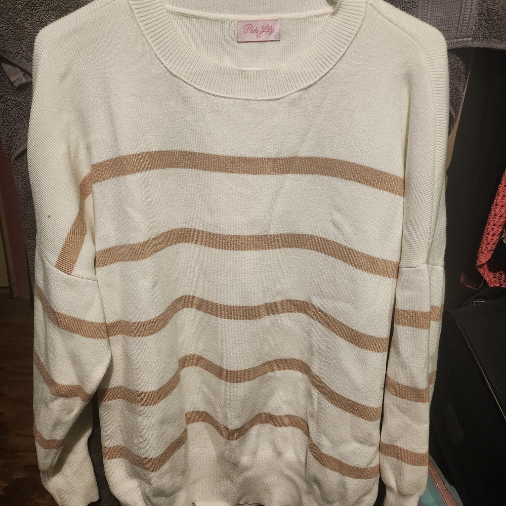 White and Tan Striped Sweater